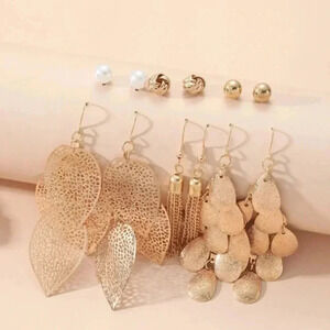6 Pairs Leaf and Faux Pearl Fashion Earrings - Gold Tone
